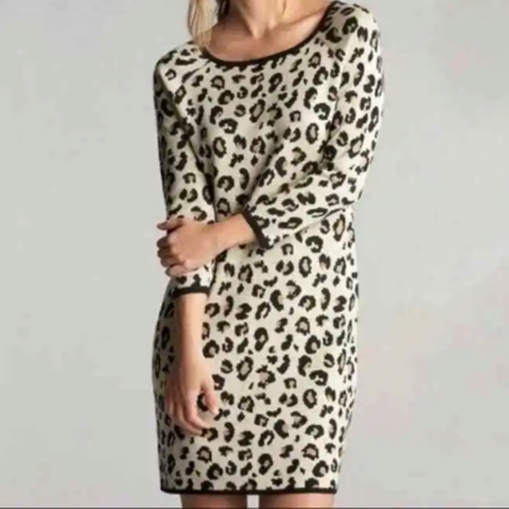 Velvet by Graham & Spencer Cashmere Blend Long Sleeve Leopard Sweater Dress L